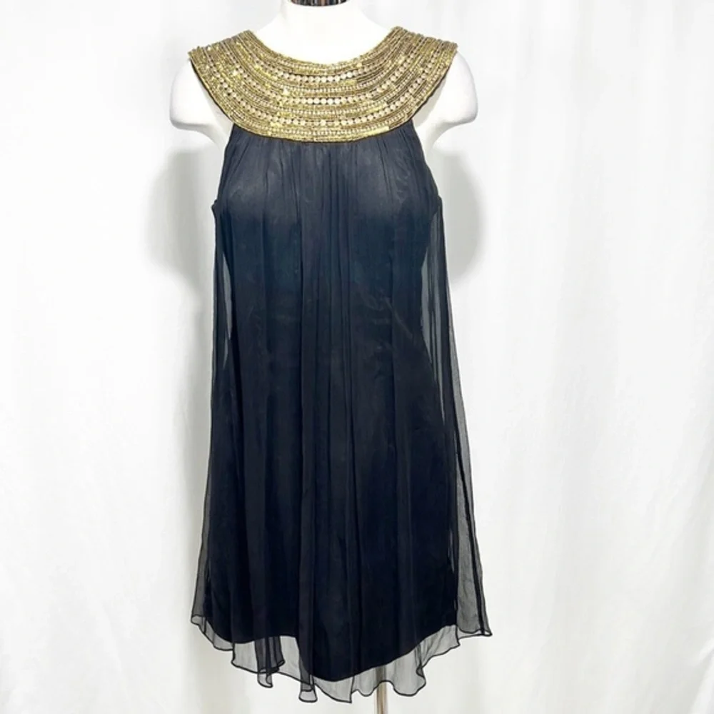 Jovani Gold Beaded Yolk Neckline and Black Silk Flowy Dress size 12